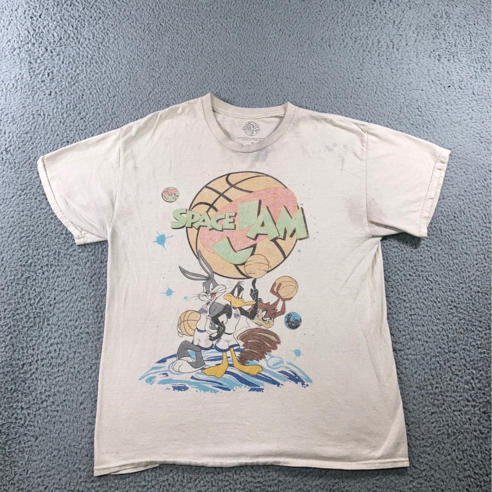 Space Jam Graphic T-Shirt M Cream Looney‎ Tunes Thrashed Destroyed Retro Grunge